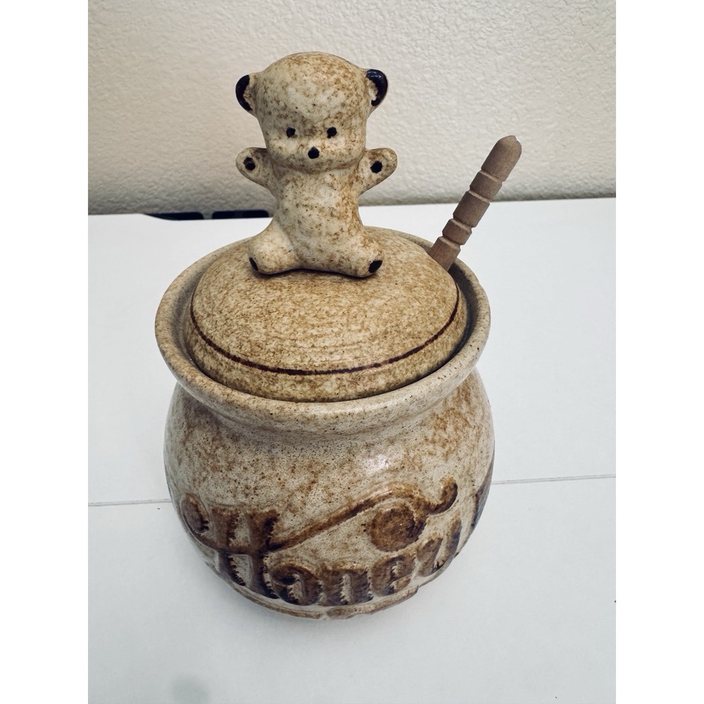 Vintage Pottery Craft USA Stoneware Hand Honey Dipper Jar Pot Bear Lid Spoon
